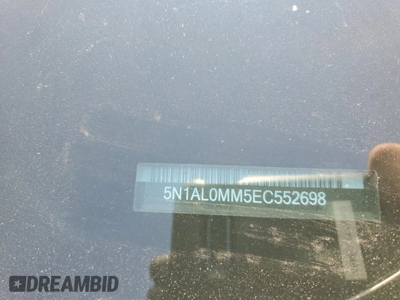 2014 Infiniti QX60 with VIN 5N1AL0MM5EC552698, listed as a Copart auction lot 57071675 with 123,610 mi miles and Salvage title. Bid and sale history available at DreamBid. Image 13.