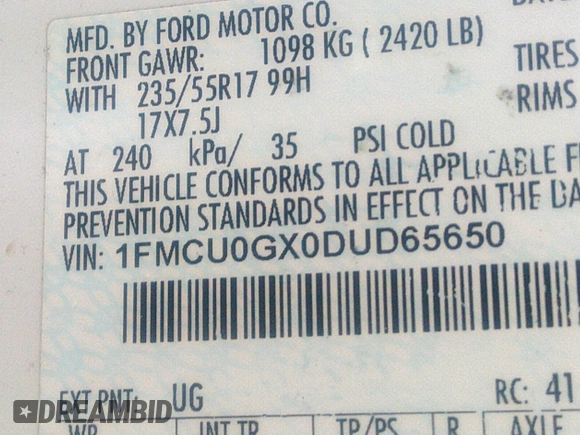 2013 Ford Escape SE с VIN 1FMCU0GX0DUD65650, выставлен на аукционе IAAI как лот 40909432 с пробегом 174 136 миль миль и . История ставок и продаж доступна на DreamBid. Изображение 9.