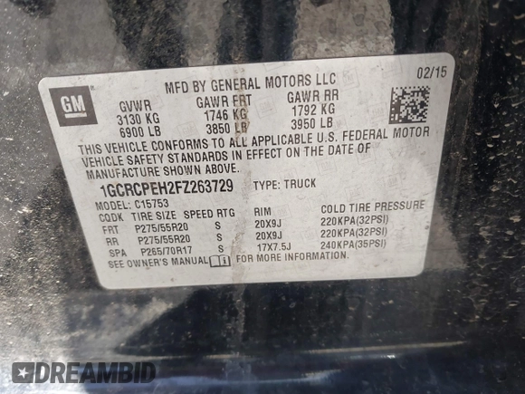 2015 Chevrolet Silverado 1500 LS with VIN 1GCRCPEH2FZ263729, listed as a IAAI auction lot 42254181 with Not Provided miles and . Bid and sale history available at DreamBid. Image 9.