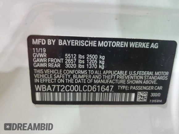 2020 BMW 7 Series 740i with VIN WBA7T2C00LCD61647, listed as a Copart auction lot 48110735 with 72,365 mi miles and Non repairable. Bid and sale history available at DreamBid. Image 13.