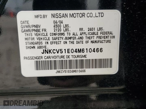 2004 Infiniti G35 w/Leather with VIN JNKCV51E04M610466, listed as a Copart auction lot 54974155 with 160,364 mi miles and Clean Title. Bid and sale history available at DreamBid. Image 12.