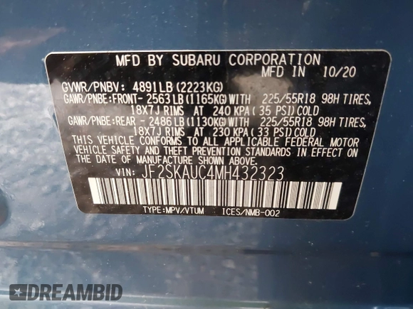2021 Subaru Forester Limited with VIN JF2SKAUC4MH432323, listed as a IAAI auction lot 42217415 with 51,439 mi miles and . Bid and sale history available at DreamBid. Image 9.