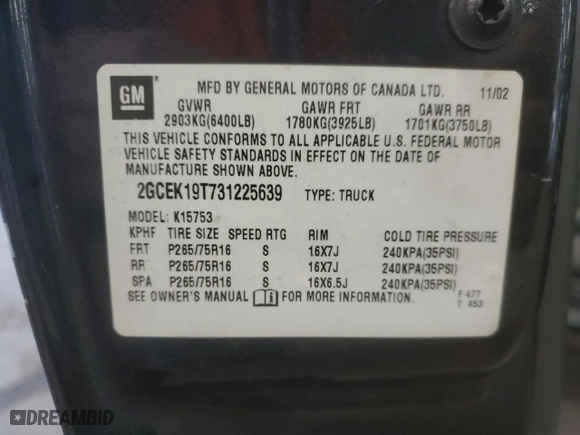 2003 Chevrolet Silverado 1500 LS with VIN 2GCEK19T731225639, listed as a Copart auction lot 50936555 with 151,087 mi miles and Clean Title. Bid and sale history available at carsss.com. Image 12.