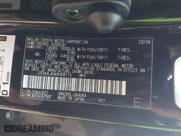 2017 Toyota 4Runner SR5 with VIN JTEBU5JR4H5408115, listed as a IAAI auction lot 41779128 with 107,717 mi miles and . Bid and sale history available at DreamBid. Image 9.