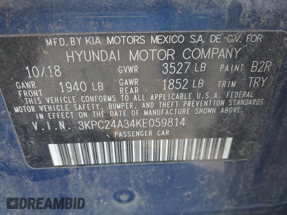 2019 Hyundai Accent SE with VIN 3KPC24A34KE059814, listed as a IAAI auction lot 41733815 with 101,242 mi miles. Bid and sale history available at carsss.com. Image 9.