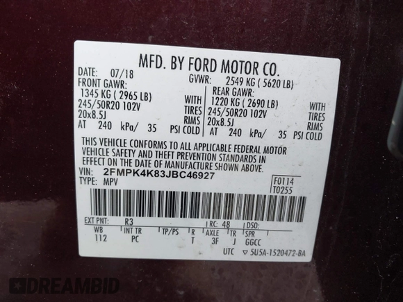 2018 Ford Edge Titanium with VIN 2FMPK4K83JBC46927, listed as a IAAI auction lot 41674710 with 77,979 mi miles. Bid and sale history available at carsss.com. Image 9.