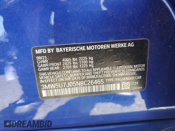 2022 BMW 3 Series M340i with VIN 3MW5U7J05N8C26465, listed as a Copart auction lot 45875905 with 36,434 mi miles and Salvage Title. Bid and sale history available at carsss.com. Image 13.