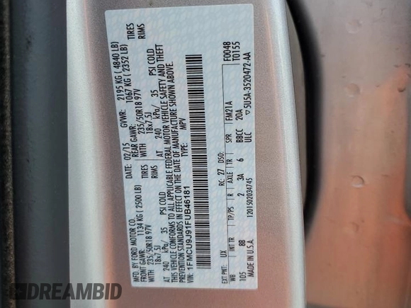 2015 Ford Escape Titanium with VIN 1FMCU9J91FUB46181, listed as a Copart auction lot 54885015 with 100,919 mi miles and Salvage title. Bid and sale history available at DreamBid. Image 13.