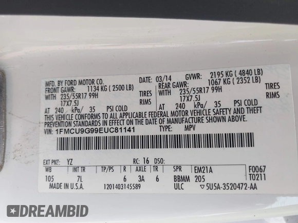 2014 Ford Escape SE with VIN 1FMCU9G99EUC81141, listed as a IAAI auction lot 42436279 with 123,947 mi miles and . Bid and sale history available at DreamBid. Image 9.