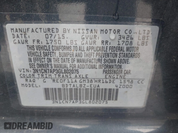 2016 Nissan Versa SV z VIN 3N1CN7AP3GL802075, wystawiony jako IAAI lot #42272359 z przebiegiem 163 144 mil mil oraz . Historia ofert i sprzedaży dostępna na DreamBid. Obrazek 9.