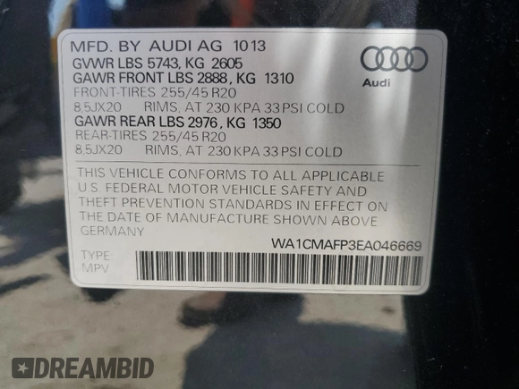 2014 Audi Q5 Premium Plus with VIN WA1CMAFP3EA046669, listed as a Copart auction lot 60703585 with 204,470 mi miles and Clean title. Bid and sale history available at DreamBid. Image 12.