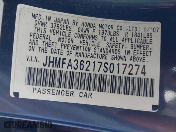2007 Honda Civic z VIN JHMFA36217S017274, wystawiony jako IAAI lot #41871225 z przebiegiem 142 253 mil mil oraz . Historia ofert i sprzedaży dostępna na DreamBid. Obrazek 9.