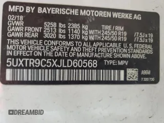 2018 BMW X3 xDrive30i with VIN 5UXTR9C5XJLD60568, listed as a Copart auction lot 54338055 with Not Provided miles and Salvage Title. Bid and sale history available at DreamBid. Image 14.