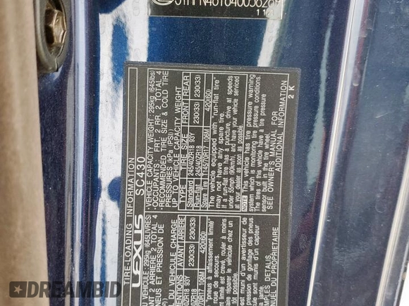 2004 Lexus SC 430 z VIN JTHFN48Y640058289, wystawiony jako Copart lot #55743315 z przebiegiem 157 534 mil mil oraz Szkody całkowita. Historia ofert i sprzedaży dostępna na DreamBid. Obrazek 13.