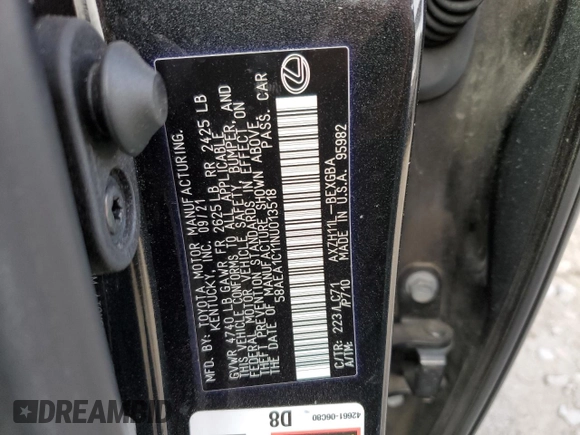 2022 Lexus ES 300h Luxury with VIN 58AEA1C11NU013518, listed as a Copart auction lot 80817474 with 70,352 mi miles and Salvage title. Bid and sale history available at DreamBid. Image 12.