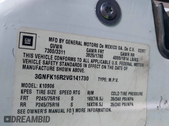 1997 Chevrolet Suburban with VIN 3GNFK16R2VG141730, listed as a IAAI auction lot 42208327 with 158,448 mi miles and . Bid and sale history available at DreamBid. Image 9.