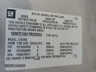 2007 Chevrolet Tahoe LT with VIN 1GNFC13017R293553, listed as a Copart auction lot 65418445 with 267,110 mi miles and Salvage title. Bid and sale history available at DreamBid. Image 12.