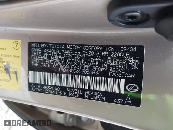 2005 Lexus ES 350 with VIN JTHBA30G655068834, listed as a IAAI auction lot 41681289 with 181,681 mi miles and . Bid and sale history available at DreamBid. Image 9.