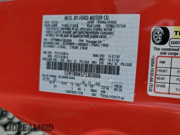 2007 Ford Mustang Deluxe with VIN 1ZVFT80N575303006, listed as a Copart auction lot 64659265 with 68,629 mi miles and Salvage title. Bid and sale history available at DreamBid. Image 13.