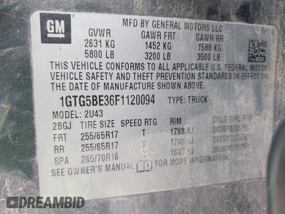2015 GMC Canyon 2WD SLE with VIN 1GTG5BE36F1120094, listed as a IAAI auction lot 41846184 with 186,500 mi miles and . Bid and sale history available at DreamBid. Image 9.
