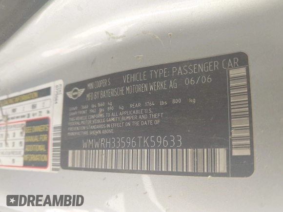 2006 MINI Convertible S with VIN WMWRH33596TK59633, listed as a IAAI auction lot 42242545 with 77,837 mi miles and . Bid and sale history available at DreamBid. Image 9.