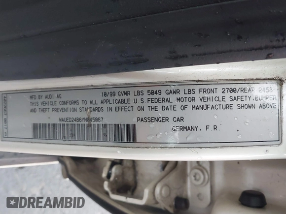 2000 Audi A6 z VIN WAUED24B6YN045067, wystawiony jako IAAI lot #41104622 z przebiegiem 182 126 mil mil oraz . Historia ofert i sprzedaży dostępna na DreamBid. Obrazek 9.