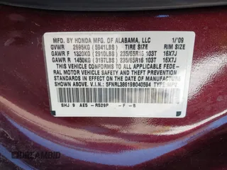 2009 Honda Odyssey EX-L with VIN 5FNRL38619B040594, listed as a IAAI auction lot 42037189 with 189,677 mi miles. Bid and sale history available at carsss.com. Image 9.