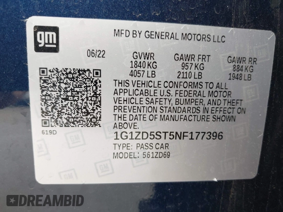2022 Chevrolet Malibu LT with VIN 1G1ZD5ST5NF177396, listed as a IAAI auction lot 41706726 with 52,158 mi miles and . Bid and sale history available at DreamBid. Image 9.