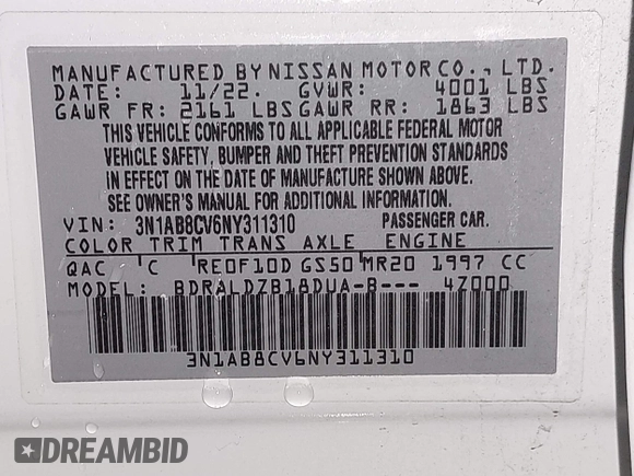 2022 Nissan Sentra SV with VIN 3N1AB8CV6NY311310, listed as a IAAI auction lot 41949877 with 39,706 mi miles and . Bid and sale history available at DreamBid. Image 9.