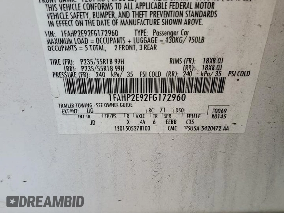 2015 Ford Taurus SEL with VIN 1FAHP2E92FG172960, listed as a Copart auction lot 79465914 with 115,115 mi miles and Salvage Title. Bid and sale history available at DreamBid. Image 14.