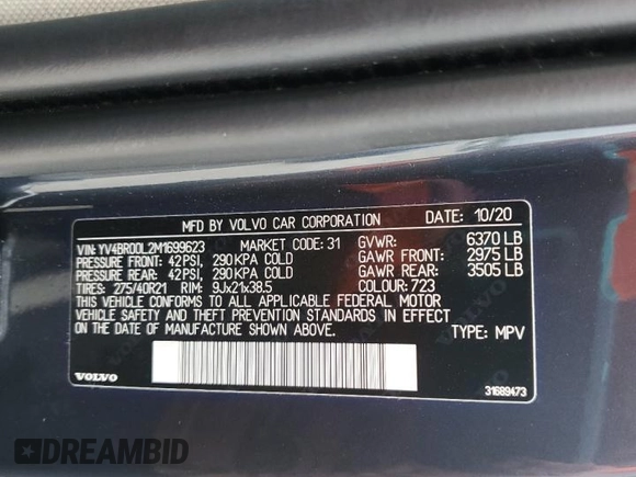 2021 Volvo XC90 Inscription Expression with VIN YV4BR00L2M1699623, listed as a Copart auction lot 58399905 with Not provided miles and Salvage title. Bid and sale history available at DreamBid. Image 13.
