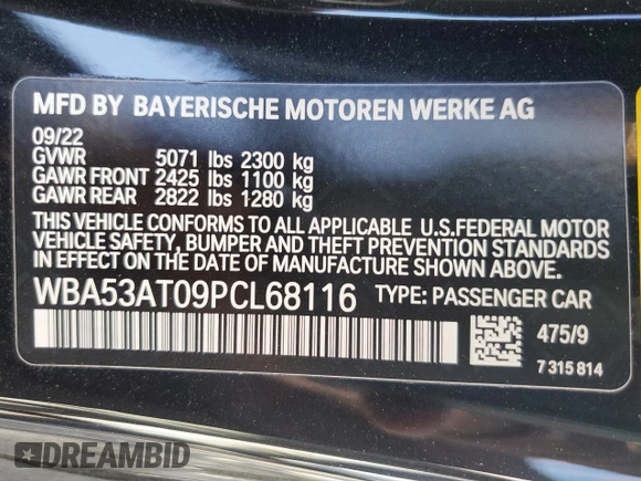 2023 BMW 4 Series M440i with VIN WBA53AT09PCL68116, listed as a Copart auction lot 75622303 with 3,449 mi miles and . Bid and sale history available at DreamBid. Image 13.