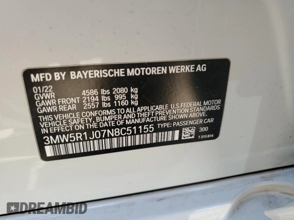 2022 BMW 3 Series 330i with VIN 3MW5R1J07N8C51155, listed as a Copart auction lot 49237135 with 51,985 mi miles and Salvage Title. Bid and sale history available at carsss.com. Image 14.