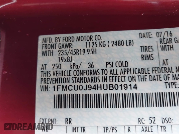 2017 Ford Escape Titanium with VIN 1FMCU0J94HUB01914, listed as a IAAI auction lot 41509707 with 55,827 mi miles. Bid and sale history available at carsss.com. Image 9.