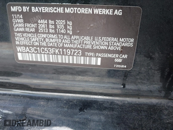 2015 BMW 3 Series 328i with VIN WBA3C1C53FK119723, listed as a IAAI auction lot 41871200 with 112,552 mi miles and . Bid and sale history available at carsss.com. Image 9.