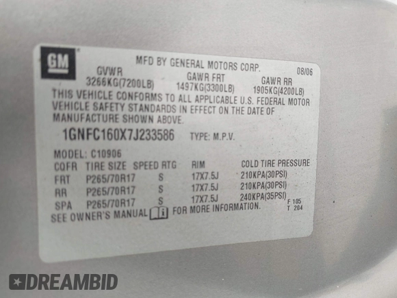 2007 Chevrolet Suburban LS with VIN 1GNFC160X7J233586, listed as a IAAI auction lot 42165186 with 240,183 mi miles and . Bid and sale history available at DreamBid. Image 9.