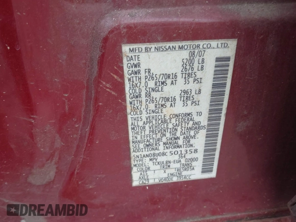 2008 Nissan Xterra S with VIN 5N1AN08U08C501358, listed as a IAAI auction lot 41631698 with 195,907 mi miles and . Bid and sale history available at DreamBid. Image 9.