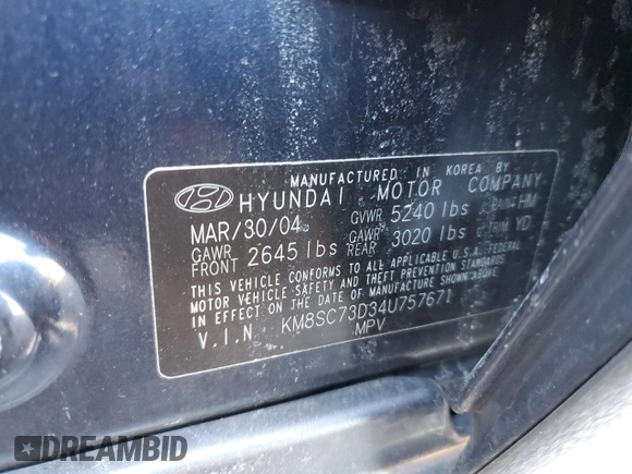 2004 Hyundai Santa Fe GLS with VIN KM8SC73D34U757671, listed as a Copart auction lot 45156355 with 296,773 mi miles and Salvage Title. Bid and sale history available at carsss.com. Image 13.