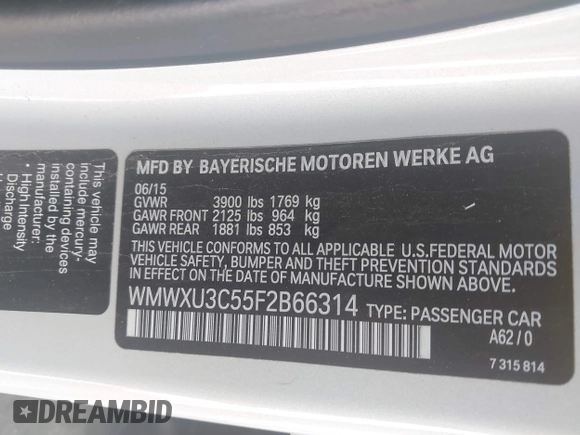 2015 MINI Hardtop 4 Door S z VIN WMWXU3C55F2B66314, wystawiony jako IAAI lot #42211312 z przebiegiem 101 395 mil mil oraz . Historia ofert i sprzedaży dostępna na DreamBid. Obrazek 9.