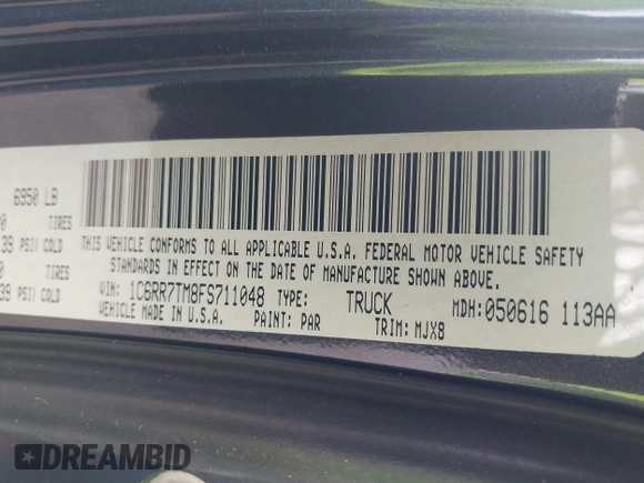 2015 Ram 1500 Big Horn z VIN 1C6RR7TM8FS711048, wystawiony jako IAAI lot #41760186 z przebiegiem Nie podano mil oraz . Historia ofert i sprzedaży dostępna na DreamBid. Obrazek 9.