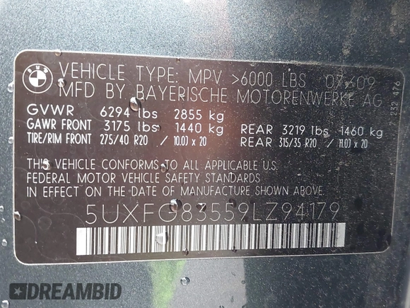 2009 BMW X6 z VIN 5UXFG83559LZ94179, wystawiony jako IAAI lot #41117261 z przebiegiem 108 997 mil mil oraz . Historia ofert i sprzedaży dostępna na DreamBid. Obrazek 9.