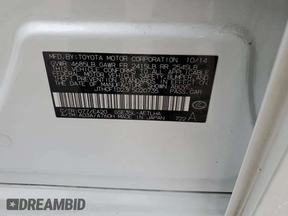 2015 Lexus IS 250 with VIN JTHCF1D23F5020735, listed as a Copart auction lot 53811225 with 100,053 mi miles and Salvage Title. Bid and sale history available at DreamBid. Image 13.