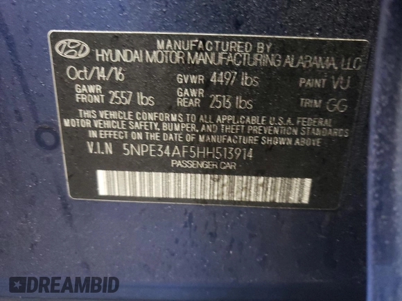 2017 Hyundai Sonata Sport with VIN 5NPE34AF5HH513914, listed as a Copart auction lot 83811624 with Not Provided miles and Salvage Title. Bid and sale history available at DreamBid. Image 12.