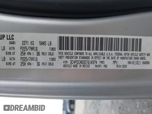 2013 Dodge Journey American Value with VIN 3C4PDCAB3DT610374, listed as a IAAI auction lot 40899147 with 133,386 mi miles and . Bid and sale history available at DreamBid. Image 9.