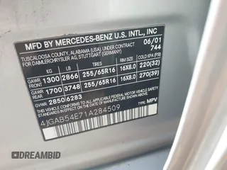 2001 Mercedes-Benz M 320/430/500 with VIN 4JGAB54E71A284509, listed as a IAAI auction lot 42637984 with 183,496 mi miles and . Bid and sale history available at DreamBid. Image 9.