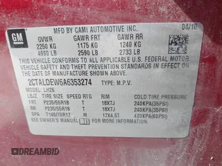 2010 GMC Terrain SLE-2 with VIN 2CTALDEW6A6353274, listed as a IAAI auction lot 42044569 with 200,413 mi miles. Bid and sale history available at carsss.com. Image 9.