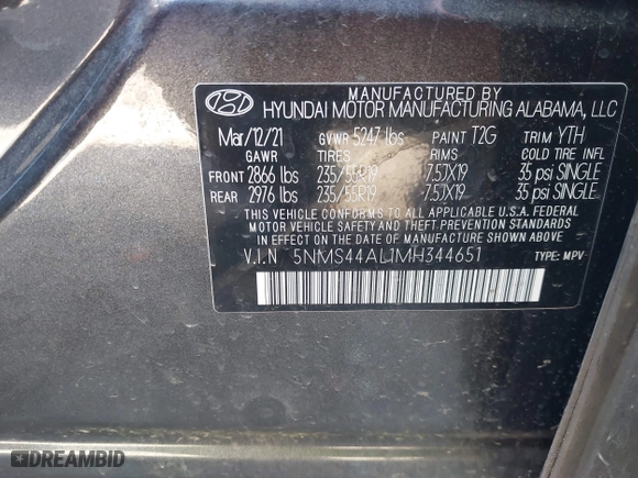 2021 Hyundai Santa Fe Limited with VIN 5NMS44AL1MH344651, listed as a IAAI auction lot 41733781 with 40,626 mi miles. Bid and sale history available at carsss.com. Image 9.