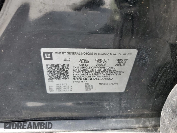 2020 Chevrolet Trax LT z VIN 3GNCJLSB7LL204657, wystawiony jako Copart lot #44538495 z przebiegiem Nie podano mil oraz Nie do naprawy • Non repairable. Historia ofert i sprzedaży dostępna na DreamBid. Obrazek 13.