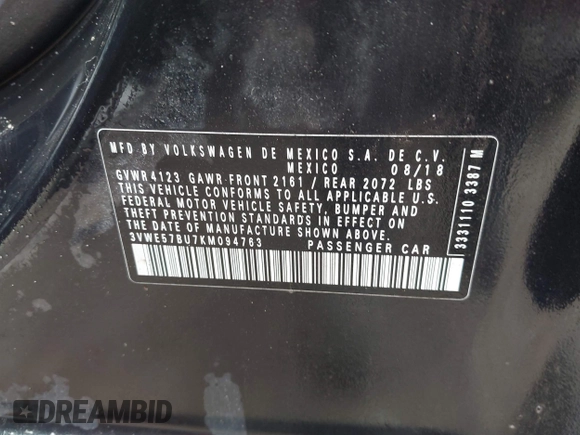 2019 Volkswagen Jetta SEL with VIN 3VWE57BU7KM094763, listed as a IAAI auction lot 42346615 with 157,621 mi miles and . Bid and sale history available at DreamBid. Image 9.