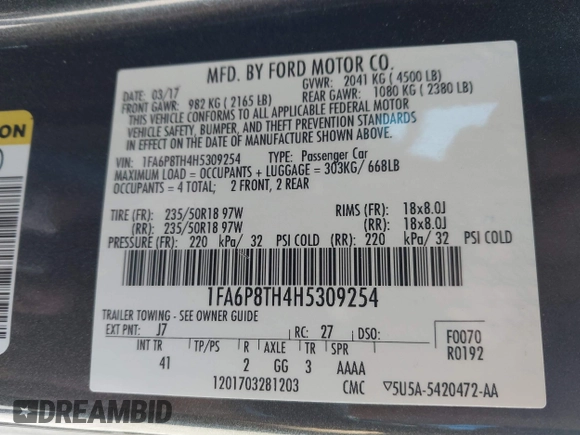 2017 Ford Mustang EcoBoost with VIN 1FA6P8TH4H5309254, listed as a IAAI auction lot 41904766 with 92,798 mi miles. Bid and sale history available at carsss.com. Image 9.